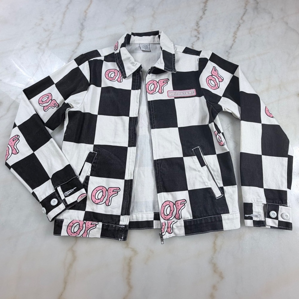 Odd Future OF Donut Checkered Zip Up Jacket Black White Pink Small Streetwear